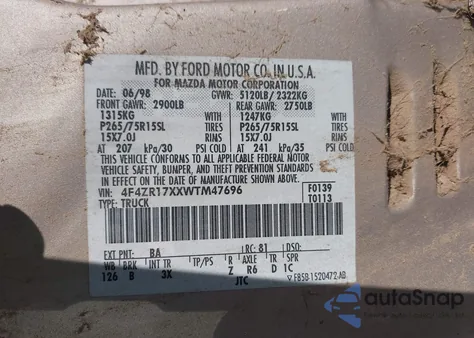 1994 Mazda B4000 Cab Plus z USA, uszkodzony, nr VIN 4F4CR16X5RTN04849